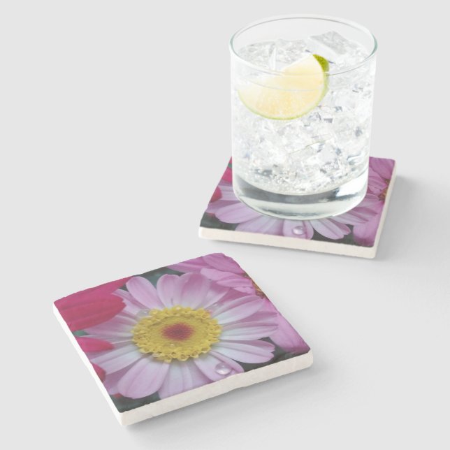 Pink and yellow flower stone coaster (Side)