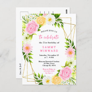 Pink and Yellow Flowers Birthday Party Postcard