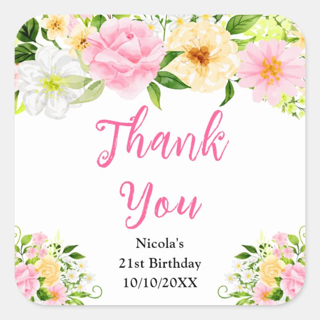 Pink and Yellow Flowers Birthday Thank You Square Sticker (Front)