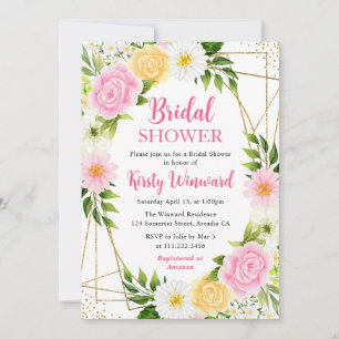 Pink and Yellow Flowers Gold Frame Bridal Shower Invitation