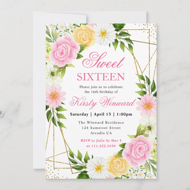 Pink and Yellow Flowers Gold Frame Sweet 16 Invitation (Front)