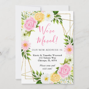 Pink and Yellow Flowers Gold Frame We've Moved Announcement