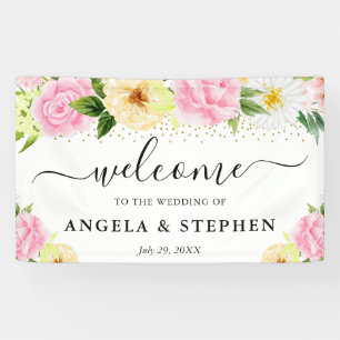 Pink and Yellow Flowers Wedding Welcome Banner