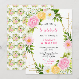 Pink and Yellow Flowers with Foliage Birthday Invitation