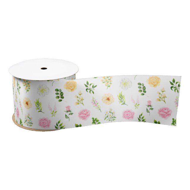 Pink and Yellow Flowers with Foliage Pattern Satin Ribbon (Spool)