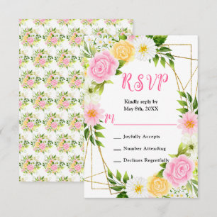 Pink and Yellow Flowers with Foliage Wedding RSVP Card