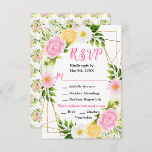 Pink and Yellow Flowers with Foliage Wedding RSVP Card