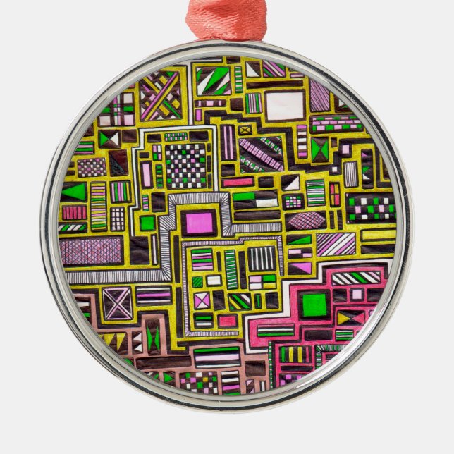 Pink and Yellow Geometric shapes pop art punk Metal Tree Decoration (Front)