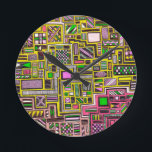 Pink and Yellow Geometric shapes pop art punk Round Clock<br><div class="desc">From an original hand drawn design by Nola Edsall of square and rectangle geometric doodle shapes with various busy patterns. This stunning, artistic design is intricate and detailed and uses the bright pop art punk colours of pink, yellow, lime green and black. Perfect to add a pop of colour to...</div>