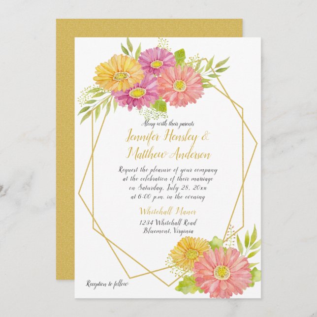 Pink and Yellow Gerbera Daisies Geometric Wedding Invitation (Front/Back)