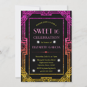 Pink and Yellow Glitter Art Deco Frame Sweet 16 Invitation