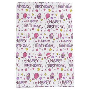 Pink and Yellow Happy Birthday Girl's Medium Gift Bag