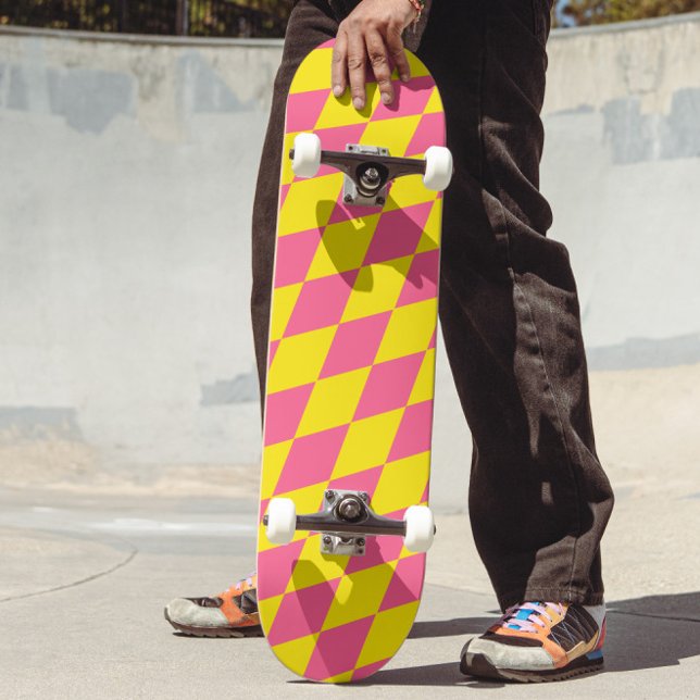 Pink and Yellow Harlequin Checkered Design  Skateboard (Creator Uploaded)