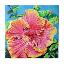 Pink and Yellow Hawaiian Hibiscus Ceramic Tile