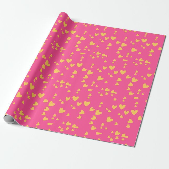 Pink and Yellow Hearts Valentines Wrapping Paper (Unrolled)