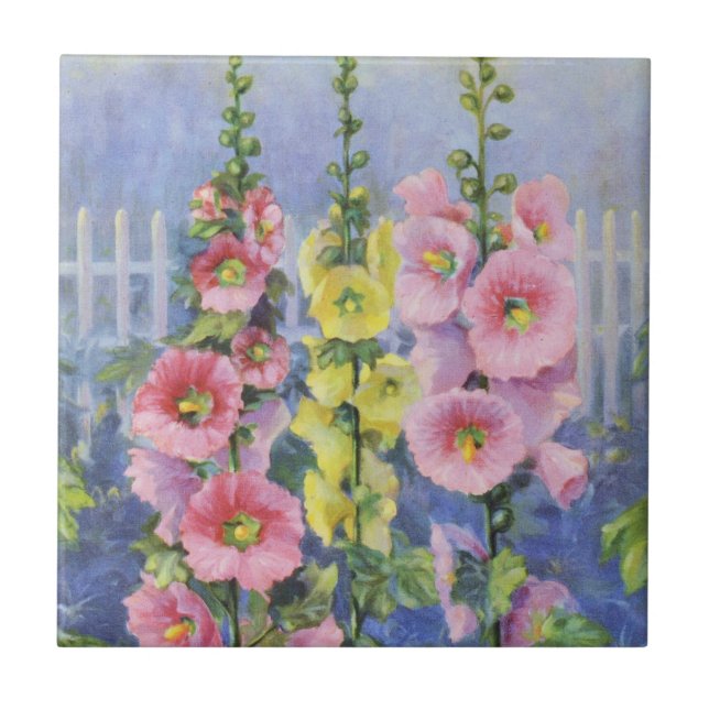 Pink and Yellow Hollyhock by Cargill, 1937 Tile (Front)