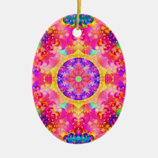 Pink and Yellow Kaleidoscope Fractal Ceramic Tree Decoration (Front)