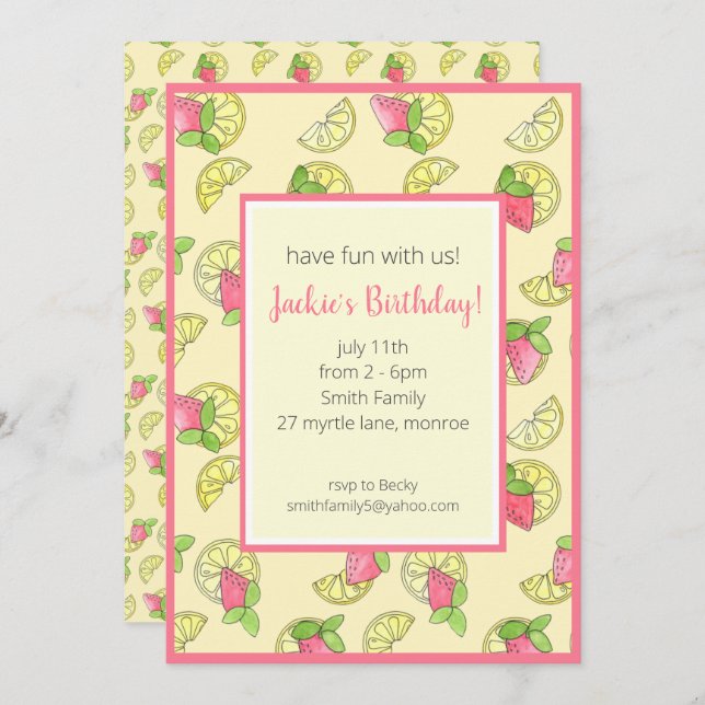 Pink and Yellow Lemon Girls Birthday  Invitation (Front/Back)