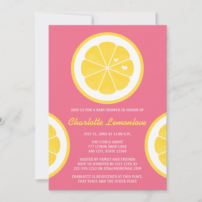 PINK AND YELLOW LEMON THEMED BABY SHOWER INVITATION (Front)