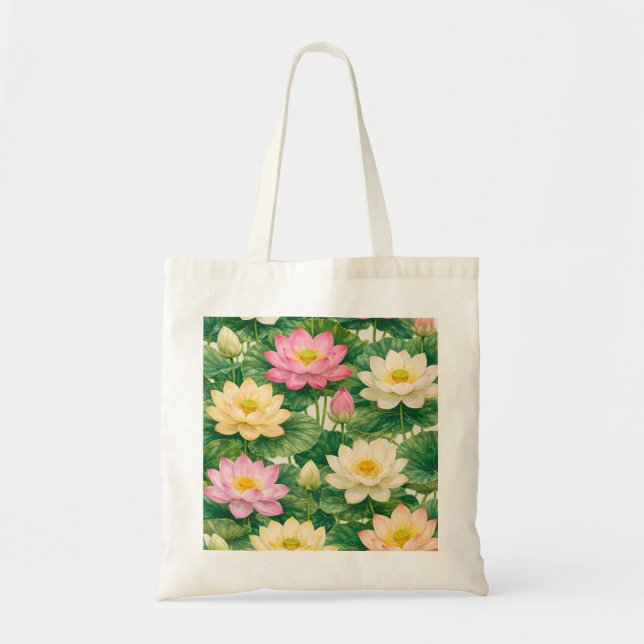 Pink and Yellow Lotus Flower Botanical Pattern Tote Bag (Front)