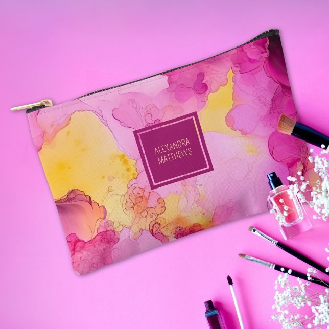 Pink and Yellow Marble Custom Name Accessory Pouch (The perfect custom bag for make-up, a wallet, phone and just about everything!)