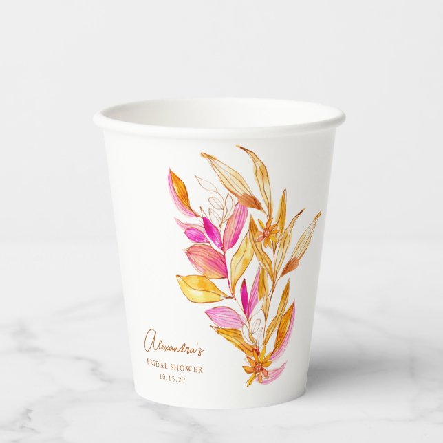 Pink and Yellow Minimalist Botanical Bridal Shower Paper Cups (Front)