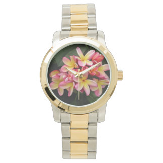 Pink and Yellow Plumeria Flowers Two-Tone Watch