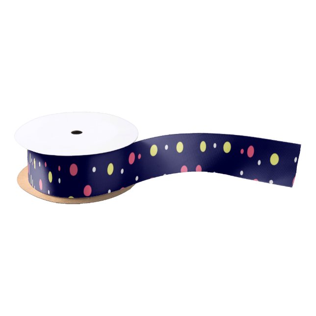 Pink and Yellow Polka Dots on Navy Blue  Satin Ribbon (Spool)