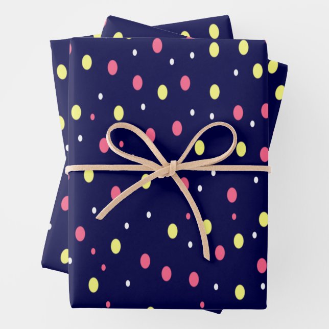 Pink and Yellow Polka Dots on Navy Blue  Wrapping Paper Sheet (In situ)
