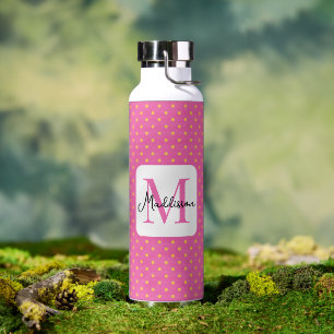 Pink And Yellow Polka Dots Pattern Monogram Water Bottle