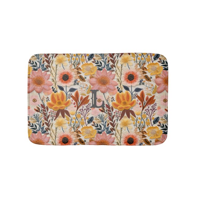 Pink and Yellow Pressed Flower Monogram Bath Mat (Front)