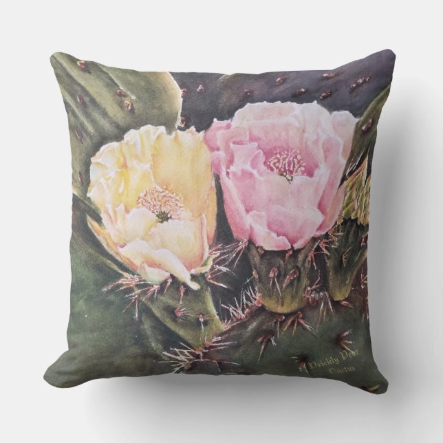 PINK AND YELLOW PRICKLY PEAR CACTUS FLOWERS CUSHION (Front)
