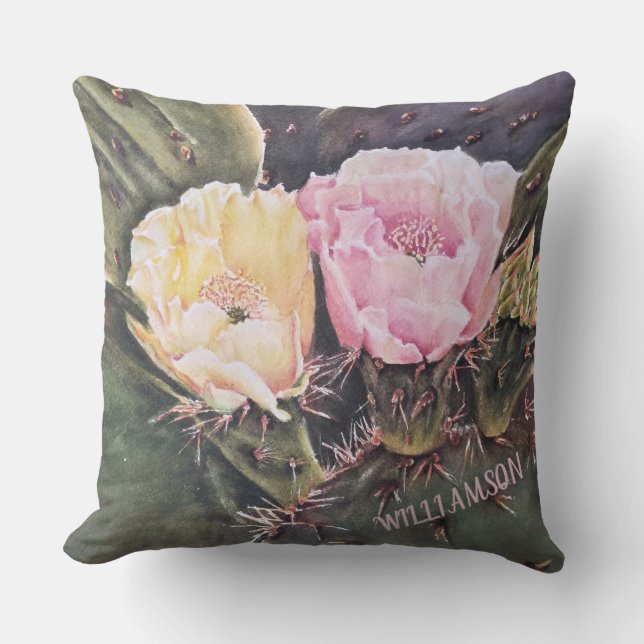 PINK AND YELLOW PRICKLY PEAR CACTUS FLOWERS CUSHION (Front)