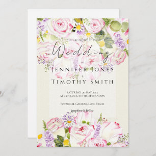 pink and yellow rose bouquet  watercolour  invitation