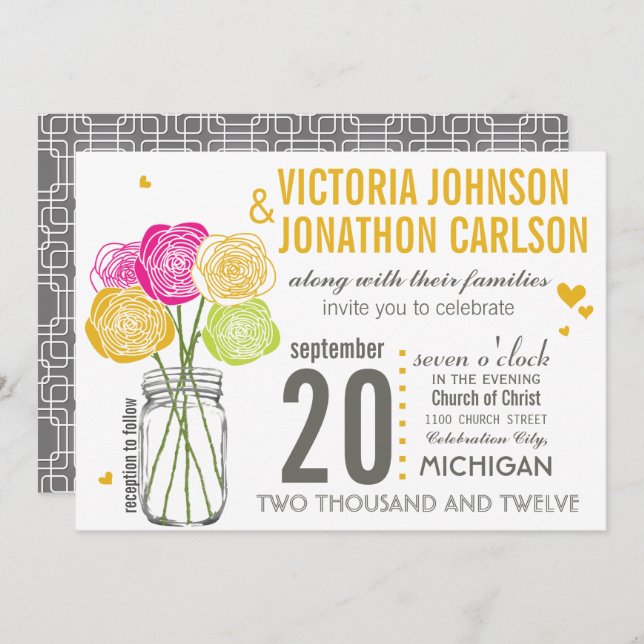 Pink and Yellow Rose Typography Modern Wedding Invitation (Front/Back)