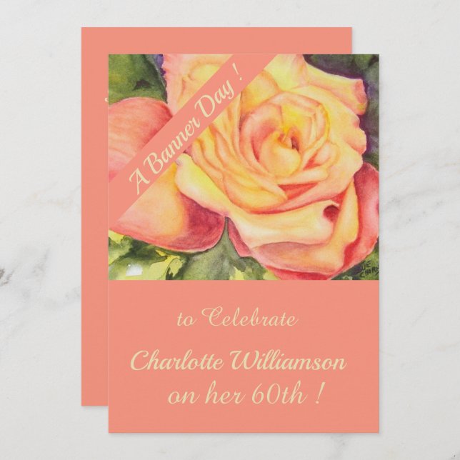 Pink and Yellow Rose Watercolor Birthday Floral Invitation (Front/Back)
