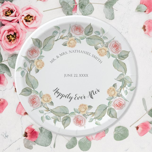 Pink and Yellow Rose Wreath Wedding Paper Plates (Creator Uploaded)