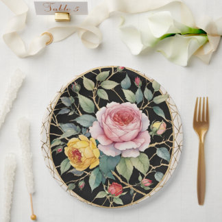 Pink And Yellow Roses Floral Black And Gold Paper Plate