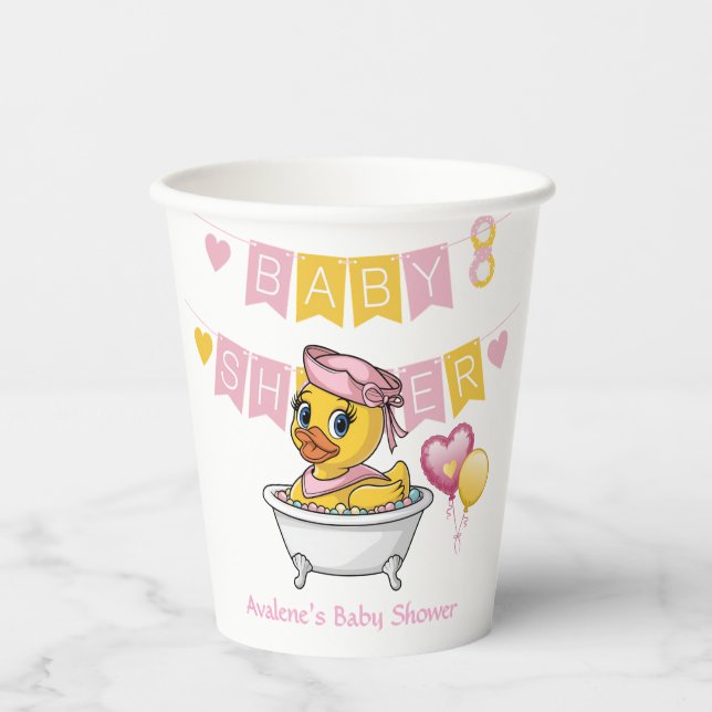 Pink and Yellow Rubber Duck Girl Baby Shower Paper Cups (Front)