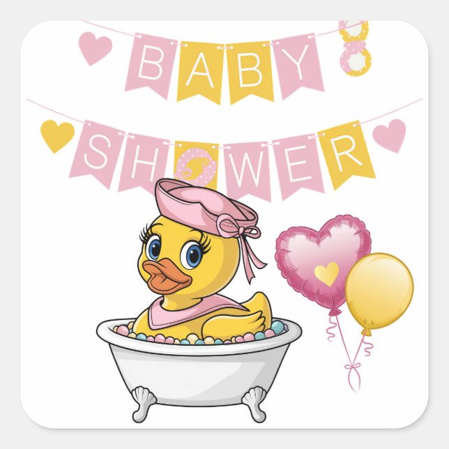 Pink and Yellow Rubber Duck Girl Baby Shower Square Sticker (Front)