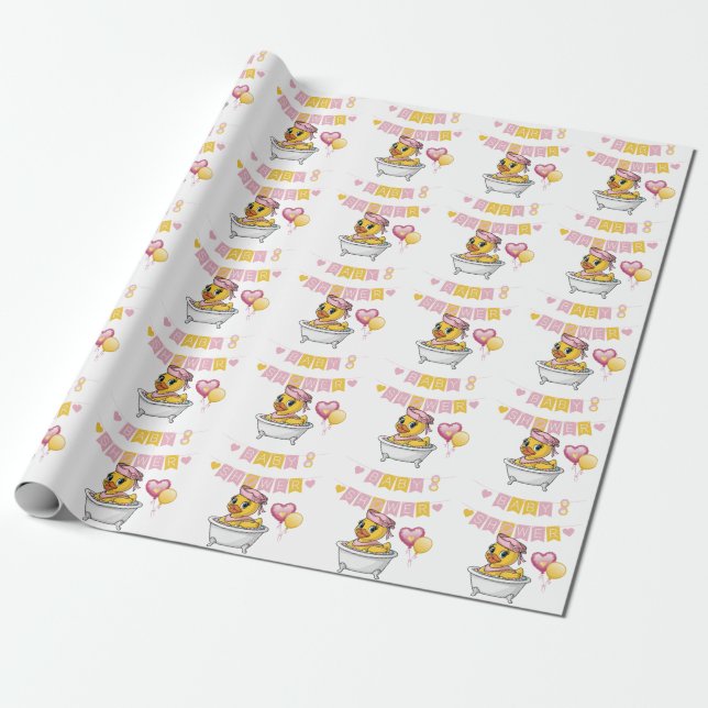 Pink and Yellow Rubber Duck Girl Baby Shower Wrapping Paper (Unrolled)