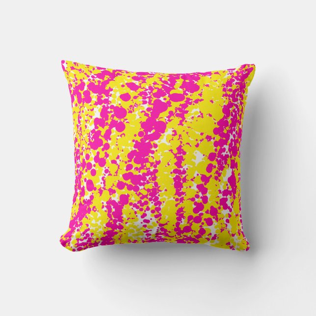 Pink and yellow spatter pattern cushion (Front)