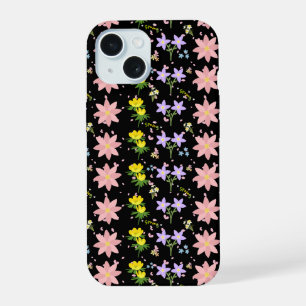 Pink and Yellow Spring Floral Pattern on Black - i iPhone 15 Case
