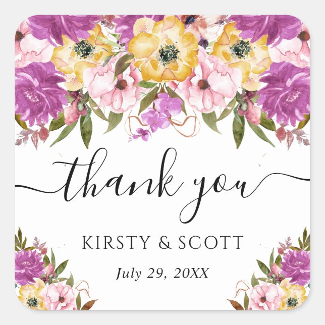 Pink and Yellow Summer Flower Wedding Square Sticker (Front)