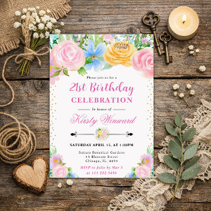 Pink and Yellow Summer Flowers Birthday Invitation