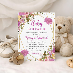 Pink and Yellow Summer Flowers Frame Baby Shower Invitation