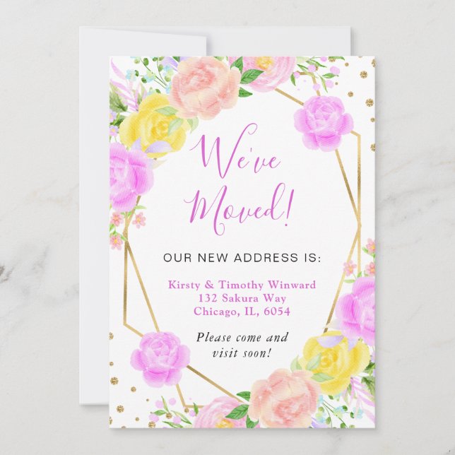Pink and Yellow Summer flowers Frame We've Moved Announcement (Front)