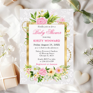 Pink and Yellow Summer Flowers Gold Baby Shower Invitation