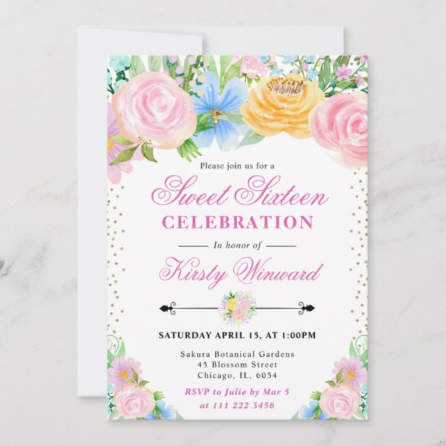 Pink and Yellow Summer Flowers Sweet Sixteen Invitation (Front)