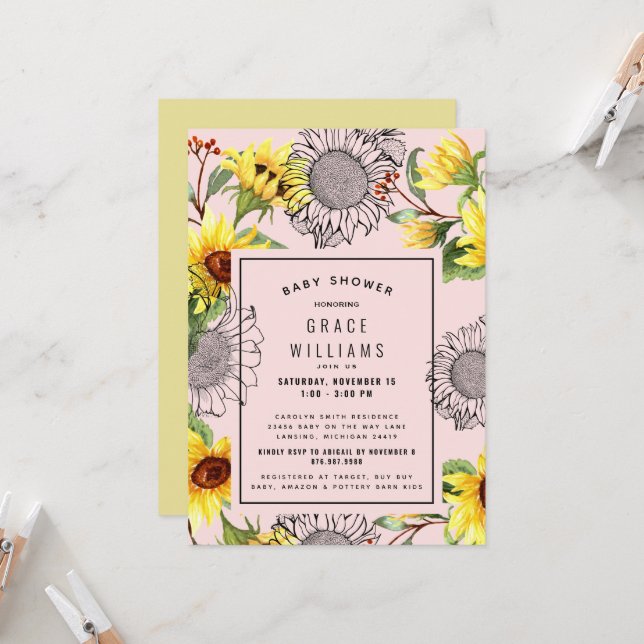 Pink and Yellow Sunflower Baby Shower Invitation (Front/Back In Situ)